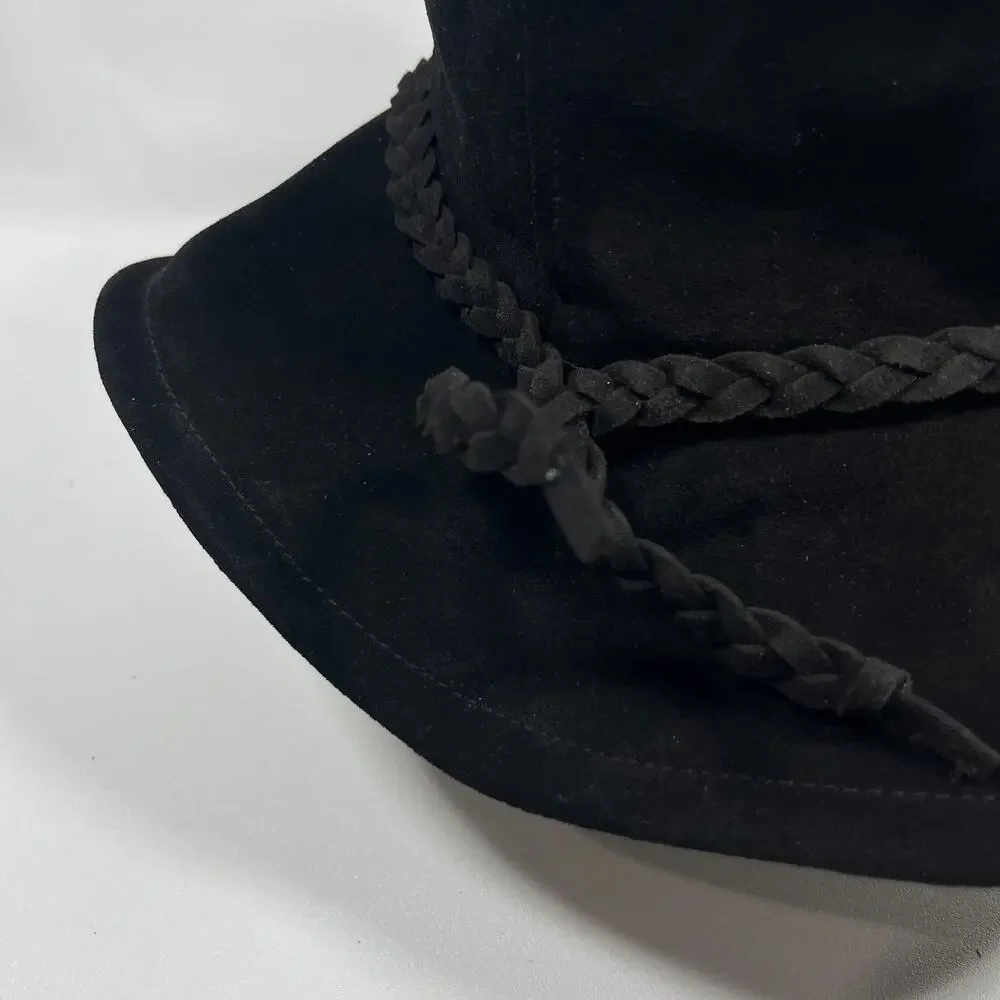 FREE PEOPLE Hat OS Tennessee Suede Leather Floppy Bucket Cap Braided Band Black